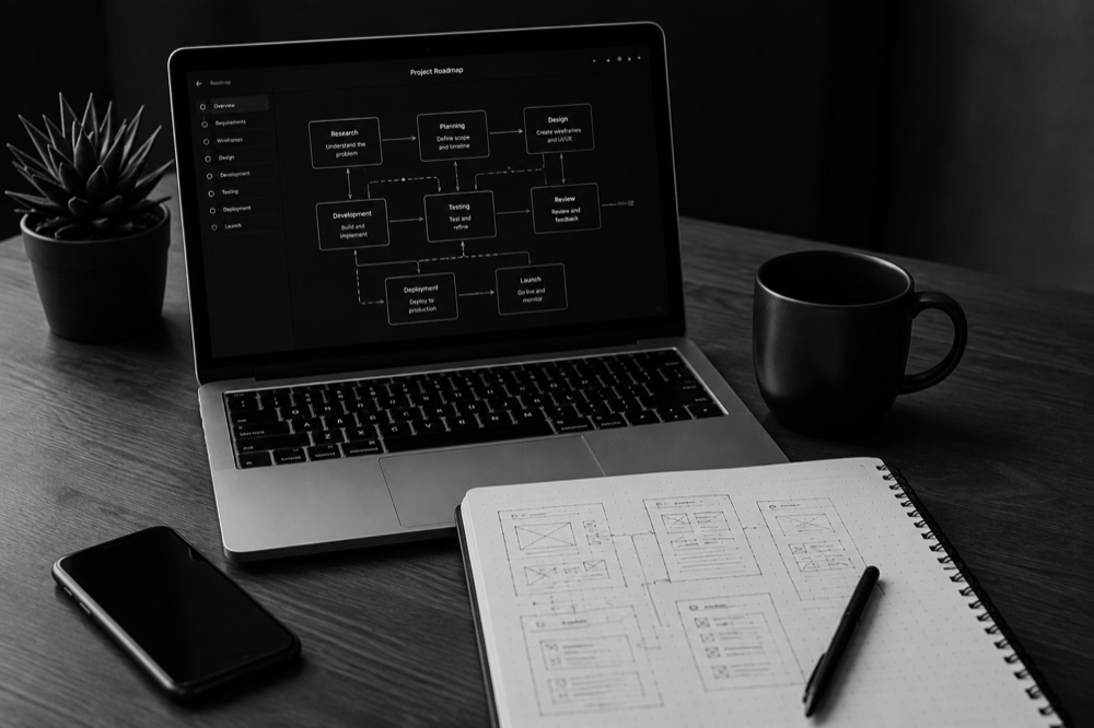A project roadmap on screen beside a notebook of wireframes